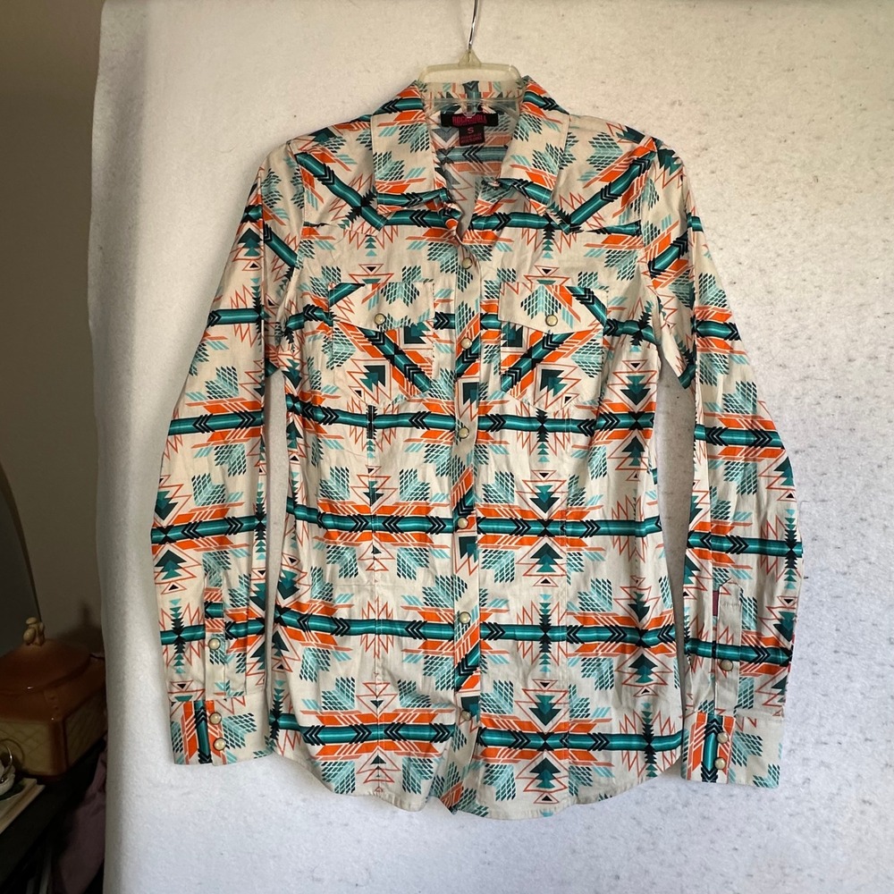 Rock and Roll Denim Womens Aztec Geometric Western Snap Shirt Turquoise Orange S